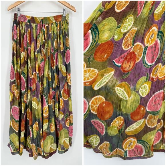 Vintage 90’s Fruit Print Maxi Skirt Cotton Drawstring Watermelon Citrus Midi - Picture 1 of 9